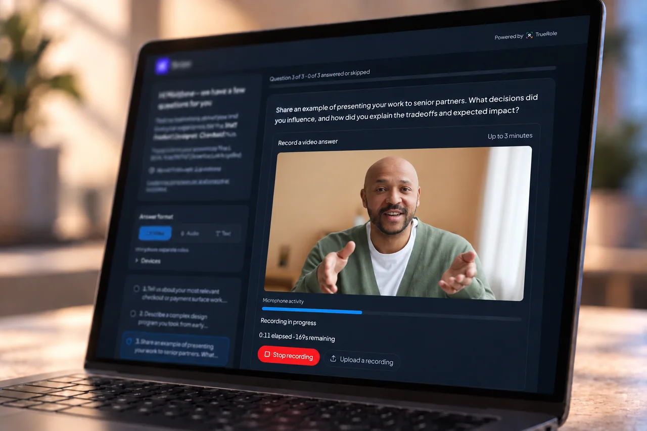 A candidate recording a video response to a tailored question in TrueRole Screening, with audio and text options available.